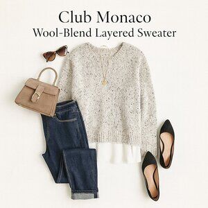 Club Monaco Wool-Blend Layered Hem Sweater Large – Black & White Flecked Knit
